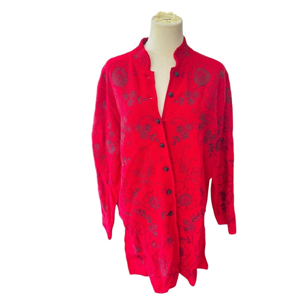 Jillian‎ Jones Woman Red 100% Wool Embroidered Floral Cardigan Sweater 2X Plus